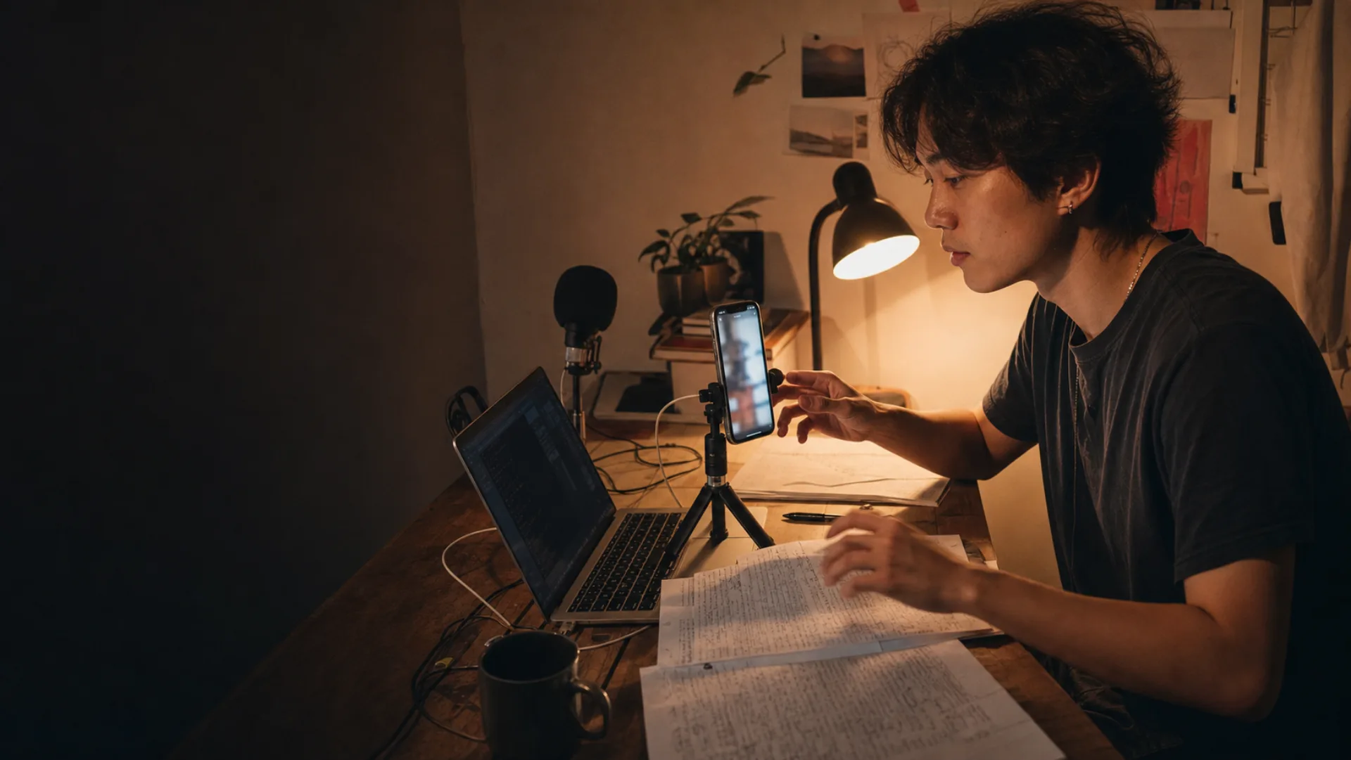 A creator producing a vertical video in a small home studio
