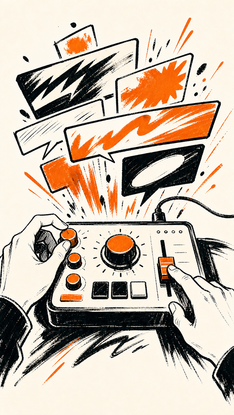 High-tech black caption studio console with orange knobs and controls.