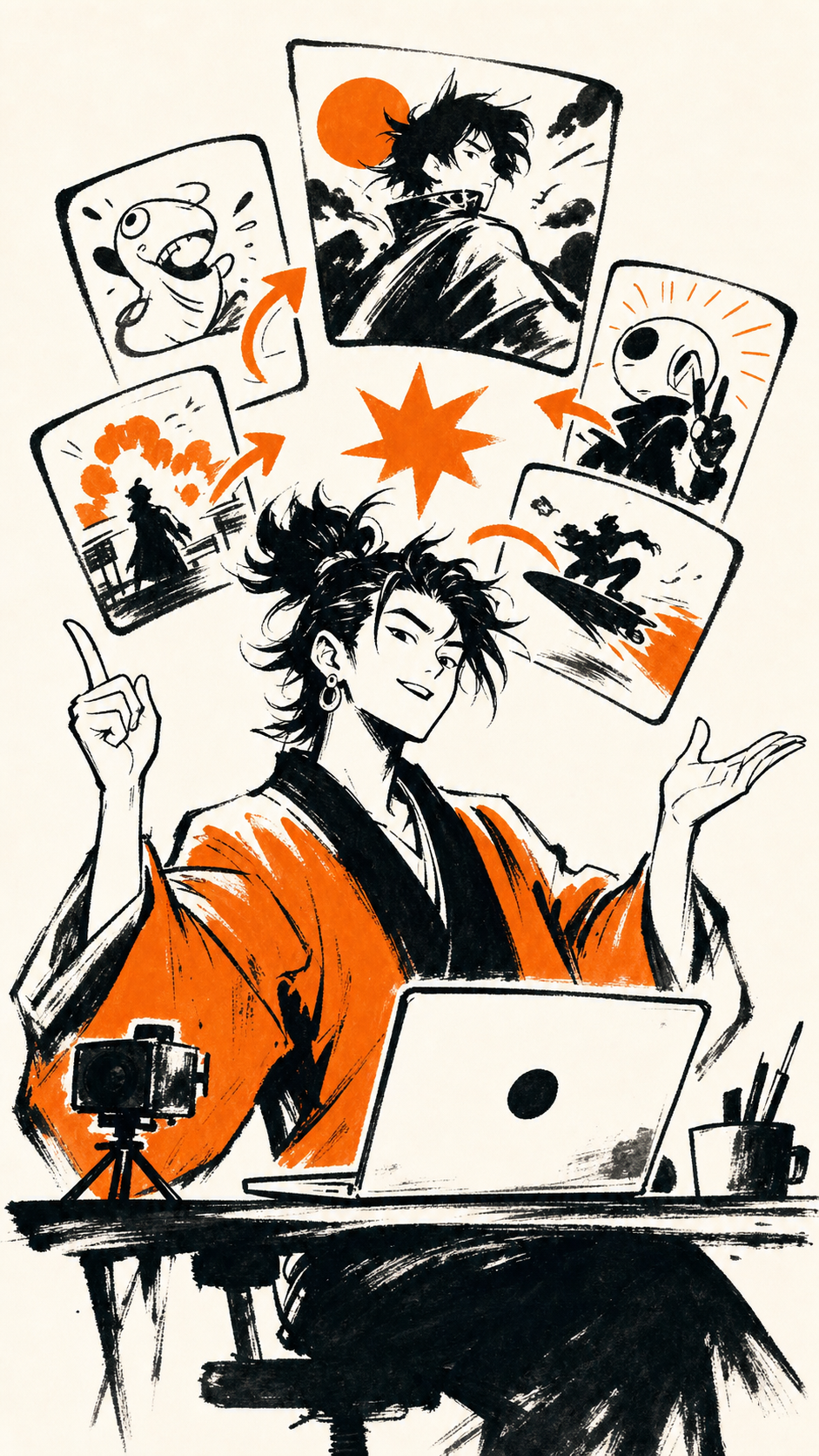 Japanese funk illustration of a creator explaining a video idea with character cards.